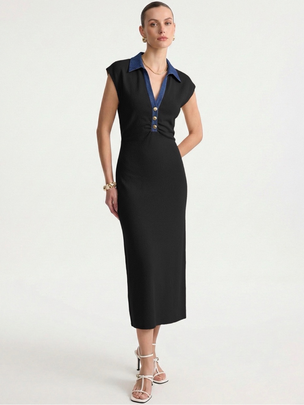 Commense Black Denim Collar Sleeveless Maxi Dress